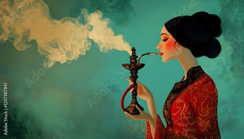 Illustration of a woman elegantly using a hookah, styled in artistic detail