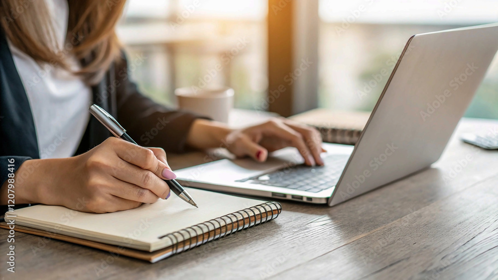 Close-Up of a Businesswoman Writing Notes and Planning at Her Desk, using laptop Close-Up of a Businesswoman Writing Notes and Planning at Her Desk, using laptop