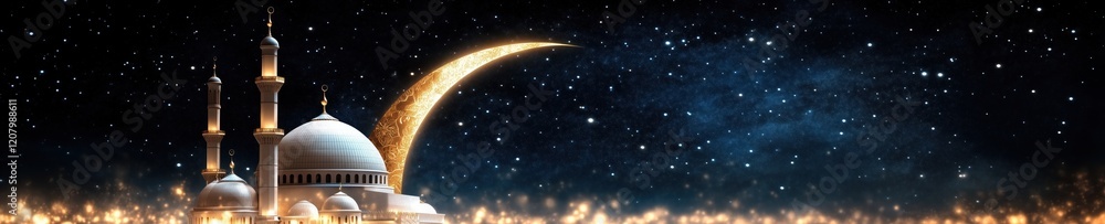 Obraz premium Ramadan Kareem banner featuring a crescent moon over a mosque at night with stars in the background