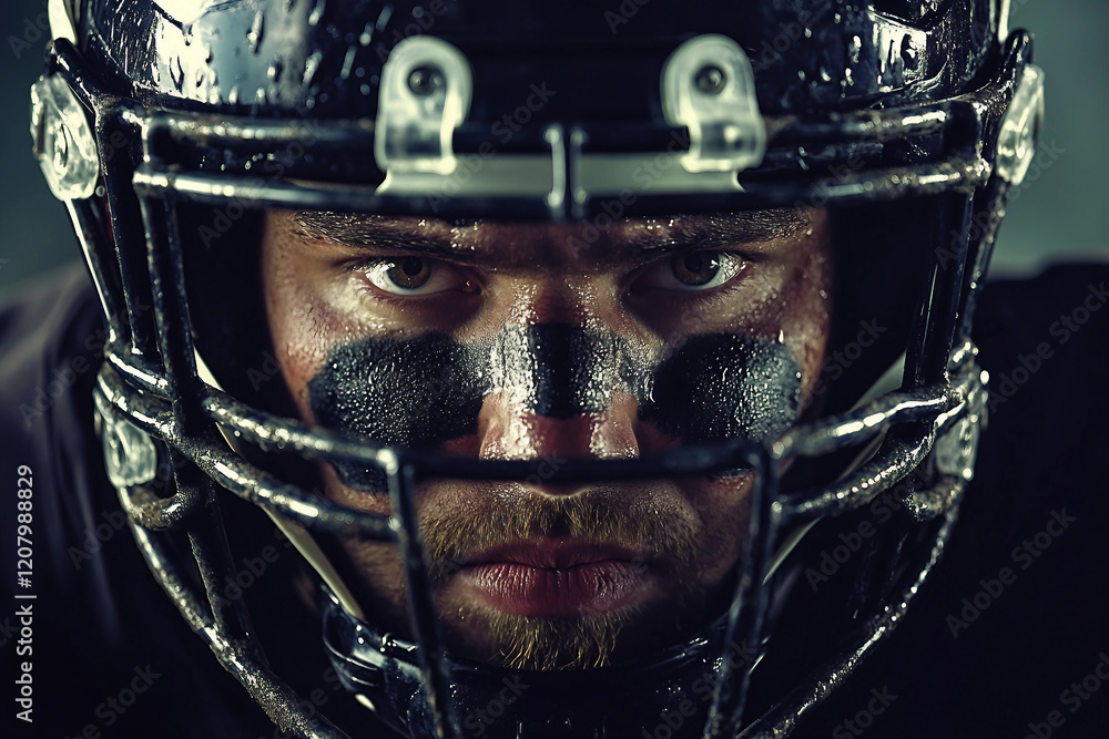 Close-Up Portrait of a Determined American Football Player Wearing Helmet, Generative AI art Close-Up Portrait of a Determined American Football Player Wearing Helmet, Generative AI art