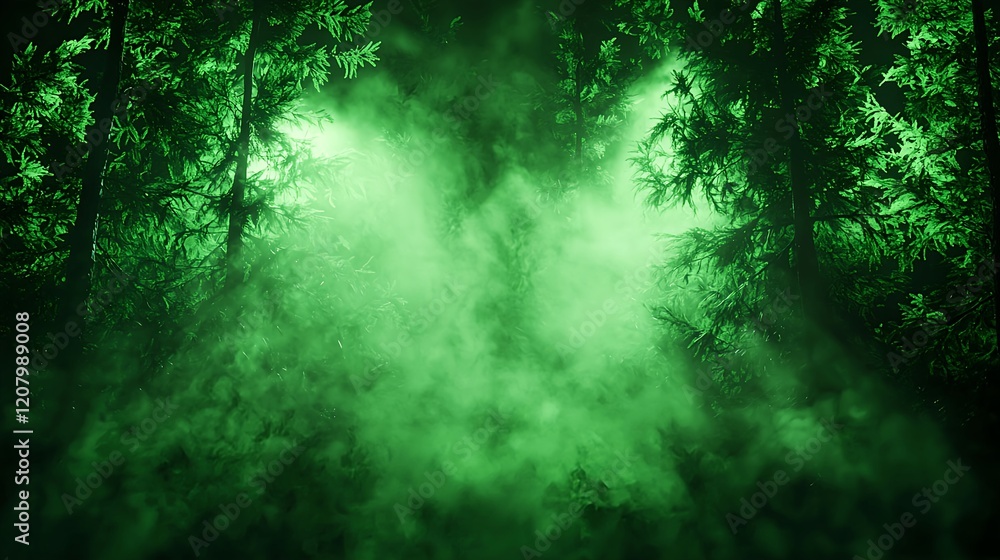 Fototapeta premium Mysterious Forest with Green Fog and Light Beams in the Night