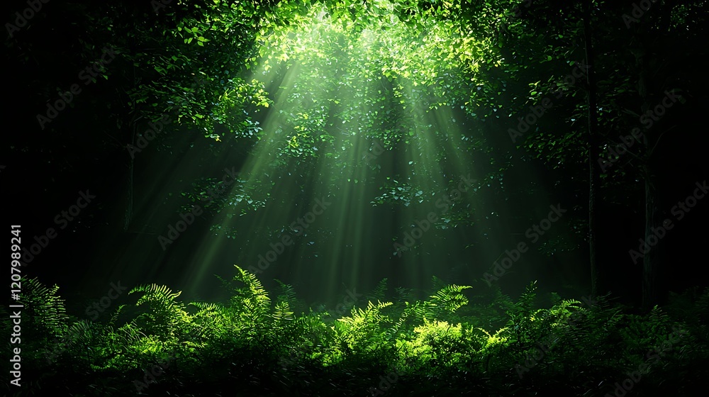 Fototapeta premium Sunlight Filtering Through Green Foliage in Dense Forest Environment