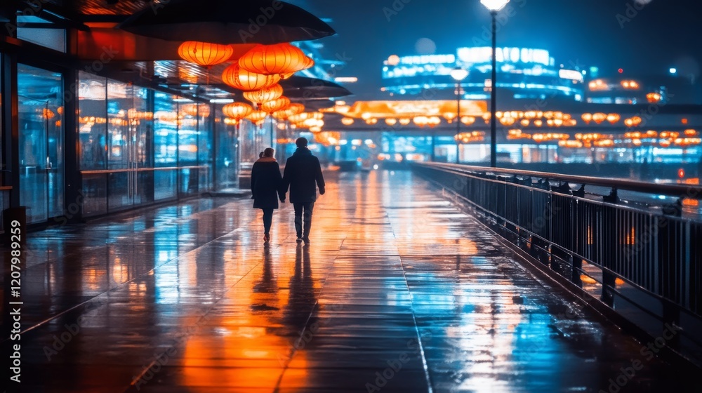 Night Stroll Couple Walking Hand in Hand Under Lanterns Night Stroll Couple Walking Hand in Hand Under Lanterns