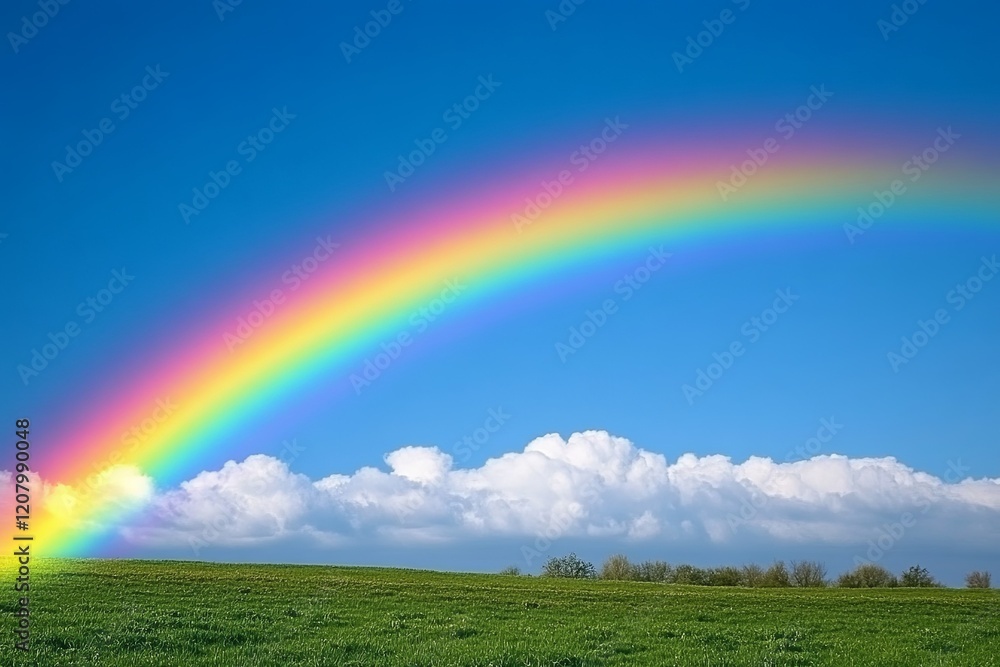 Obraz premium A bright rainbow over a field for World Environment Day, with clear blue skies