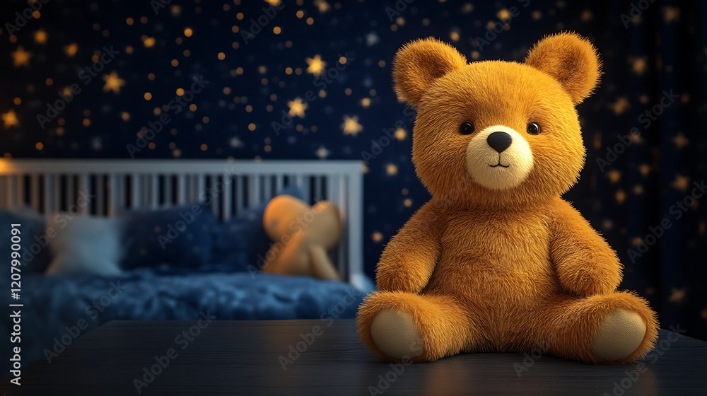 A cuddly teddy bear sits in a dark nursery A cuddly teddy bear sits in a dark nursery