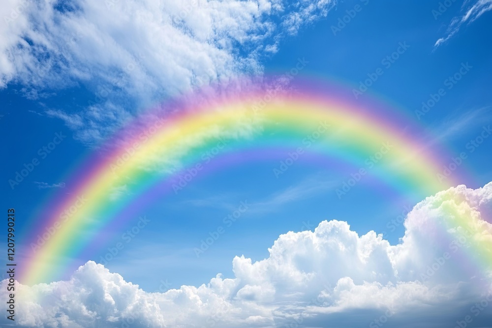 A bright rainbow over a field for World Environment Day, with clear blue skies A bright rainbow over a field for World Environment Day, with clear blue skies