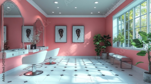 Modern pink hairdressing and beauty salon interior with chairs and mirrors