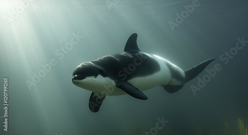 False killer whale underwater, sunlit water. photo