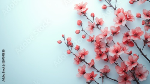 Soft peach blossoms spreading delicate pink petals against pastel blue backdrop, highlighting gentle spring freshness