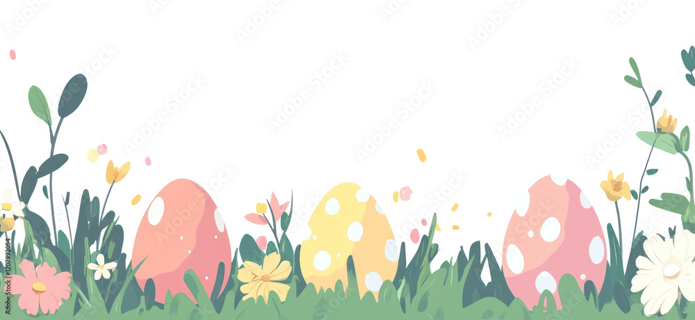PNG Easter eggs on green grass and flowers border illustration graphics easter. PNG Easter eggs on green grass and flowers border illustration graphics easter.
