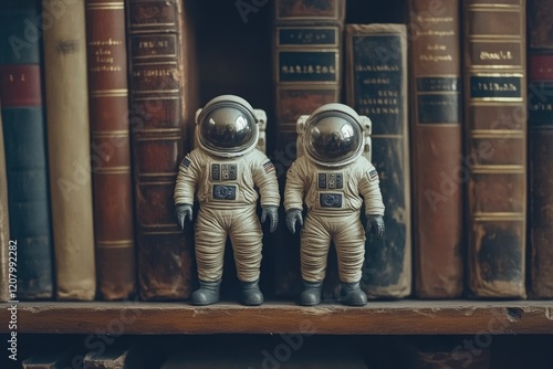 Two astronaut figurines stand on a shelf amidst a collection of vintage books, creating a nostalgic and adventurous scene. photo