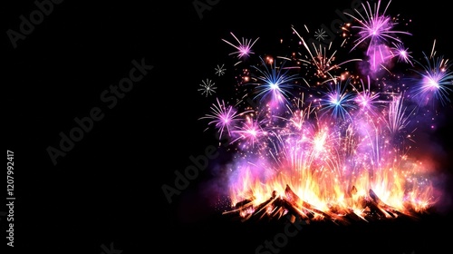 Nighttime Bonfire with Vibrant Fireworks Display