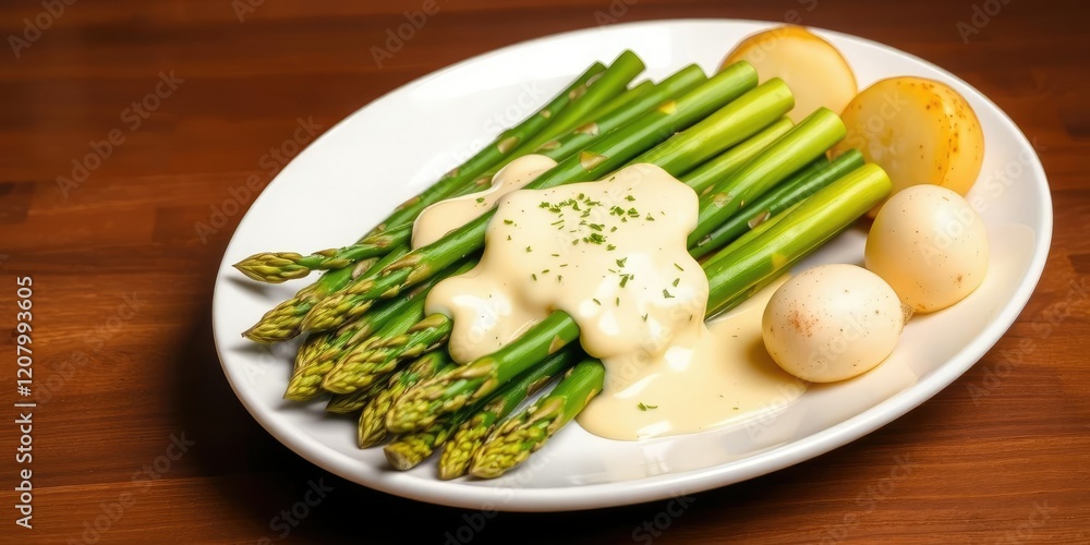 Asparagus on Plate with Hollandaise Sauce and Boiled Potatoes, boiled potatoes, gourmet meal, steamed asparagus Asparagus on Plate with Hollandaise Sauce and Boiled Potatoes, boiled potatoes, gourmet meal, steamed asparagus