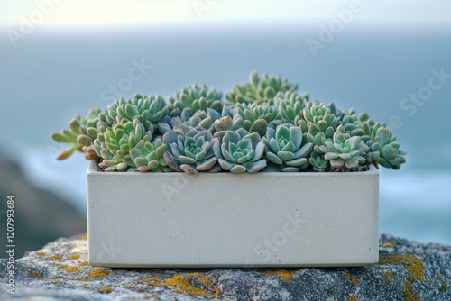 A collection of echeveria succulents in a minimalist white planter, situated outdoors against a blurred ocean backdrop. photo