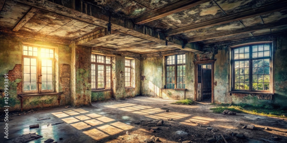 Sunlit Ruins of a Derelict Building, Showing the Passage of Time and Nature's Reclaim Sunlit Ruins of a Derelict Building, Showing the Passage of Time and Nature's Reclaim