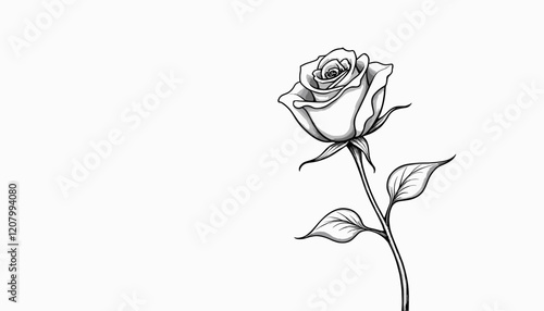 Black and white sketch of a rose with leaves
