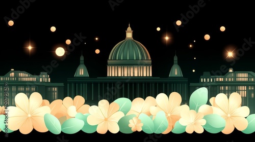 Nighttime Cityscape with Illuminated Dome and Floral Border