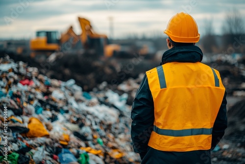 A landfill worker looks at garbage, Ai generated photo