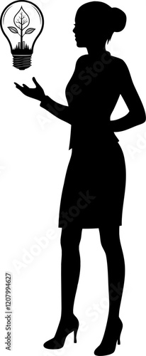 Körper Silhouette einer jungen Frau - Idee und Innovation - Lösung in Form einer Glühbirne - Nachhaltigkeit