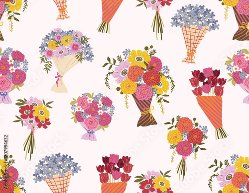 Modern Colorful and bright  seamless pattern Flower Bouquet , Botanical  leaves  Vector illustration Not Ai, Design for fashion , fabric, textile, wallpaper , wrapping and all prints
