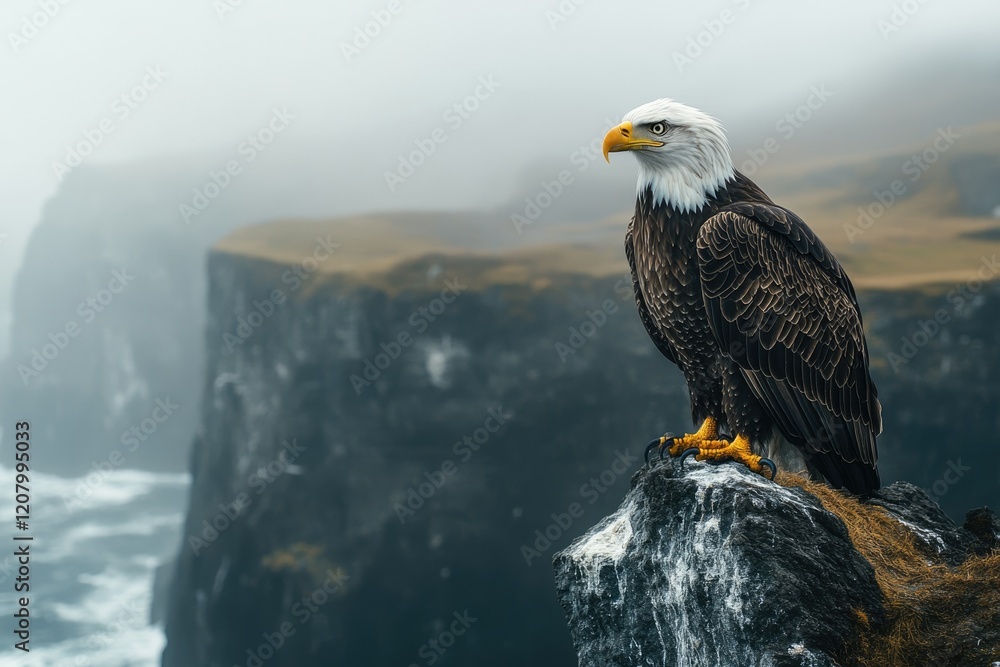 Fototapeta premium Majestic bald eagle perched on a cliff overlooking a stormy ocean, a breathtaking sight.