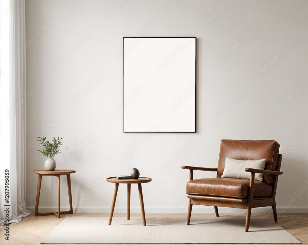 A stylish reading nook featuring a cozy armchair with a pillow, a framed mockup for artwork on the wall. Modern design A stylish reading nook featuring a cozy armchair with a pillow, a framed mockup for artwork on the wall. Modern design