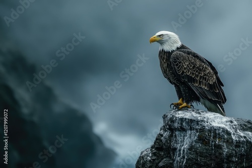 Majestic bald eagle perched on a rocky outcrop against a moody, dark sky.