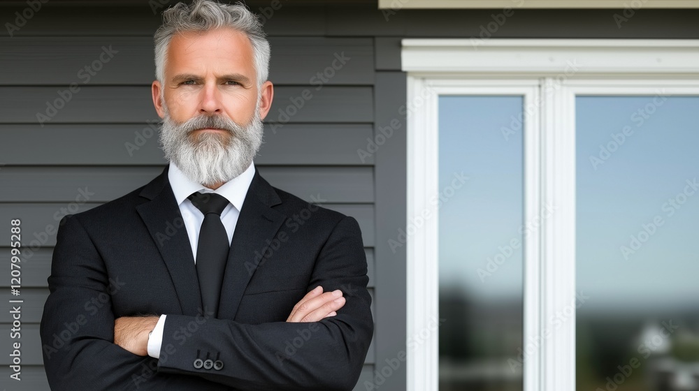 businessman with a gray beard and stylish hair stands confidently with his arms crossed. He is dressed in a formal black suit and tie, set against a contemporary exterior businessman with a gray beard and stylish hair stands confidently with his arms crossed. He is dressed in a formal black suit and tie, set against a contemporary exterior