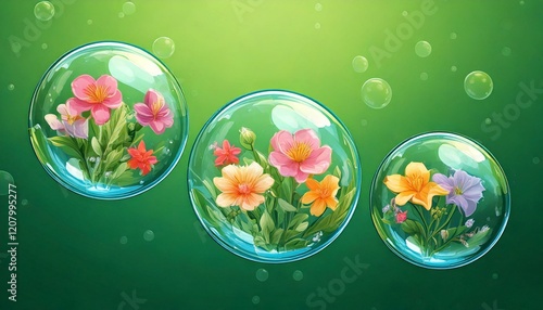 Generated image : trois bulles de savon contenant des fleurs