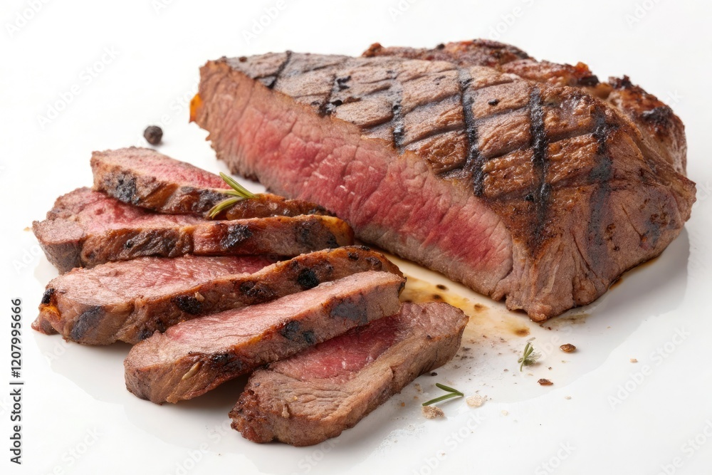 Close-up shot of a juicy grilled steak cut into thin slices, refined dining, sliced steak, tender meat, gourmet steak Close-up shot of a juicy grilled steak cut into thin slices, refined dining, sliced steak, tender meat, gourmet steak