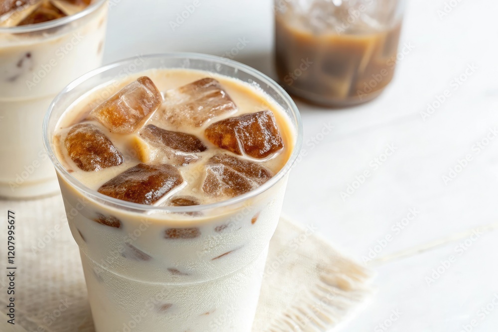 Close-up shot of a coffee with steamed milk and ice cubes on a white background, showcasing the creamy texture of the milk, white, foam, bubble Close-up shot of a coffee with steamed milk and ice cubes on a white background, showcasing the creamy texture of the milk, white, foam, bubble