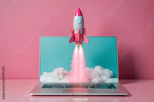 Futuristic Rocket Launch from Laptop Screen: AI Digital Illustration. generative AI