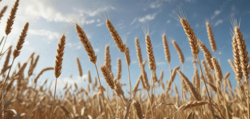 Close-up of wheat stalks reaching towards the sky, farm, agriculture, growth