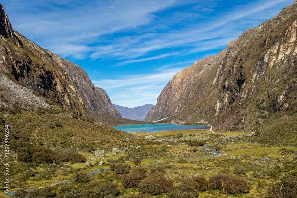 Scenic view of Llanganuco Lake in Huascaran National Park, Peru, nestled between majestic mountains. Scenic view of Llanganuco Lake in Huascaran National Park, Peru, nestled between majestic mountains.