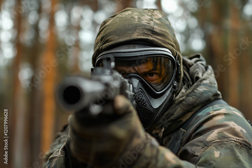 Close-Up of Paintball Players in Action, Wearing Protective Masks and Gear, Generative AI art photo