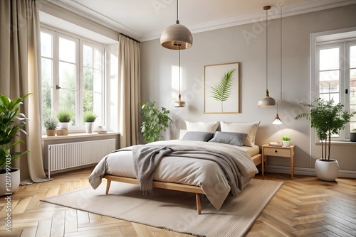 Minimalistic Scandinavian Bedroom Design with Neutral Tones and Soft Linens. generative AI