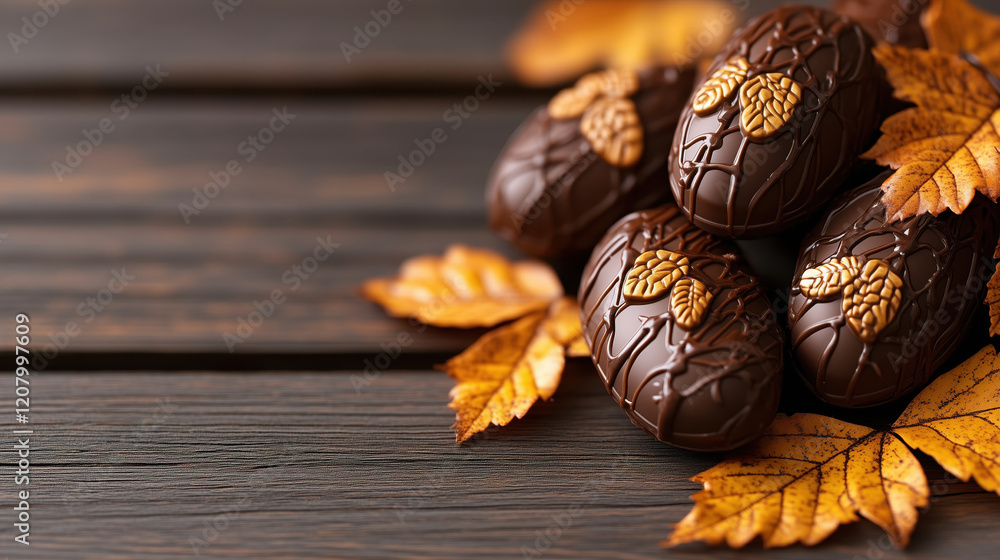 Chocolate eggs placed on wooden surface decorated with autumn leaves during Easter celebration Chocolate eggs placed on wooden surface decorated with autumn leaves during Easter celebration