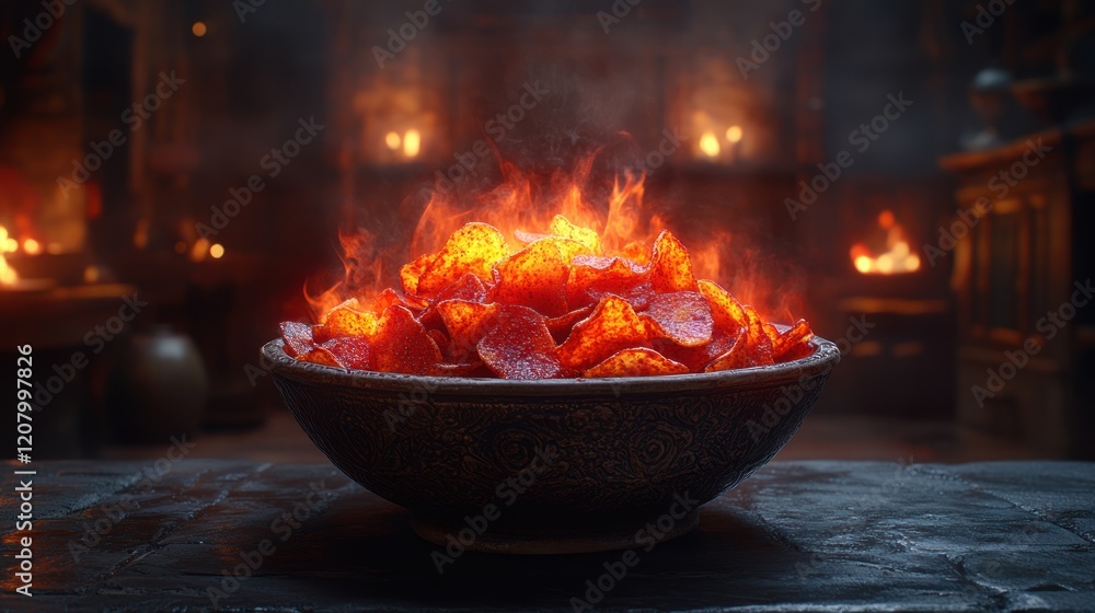 Flaming pepperoni chips in a rustic bowl on a dark wooden table. Flaming pepperoni chips in a rustic bowl on a dark wooden table.