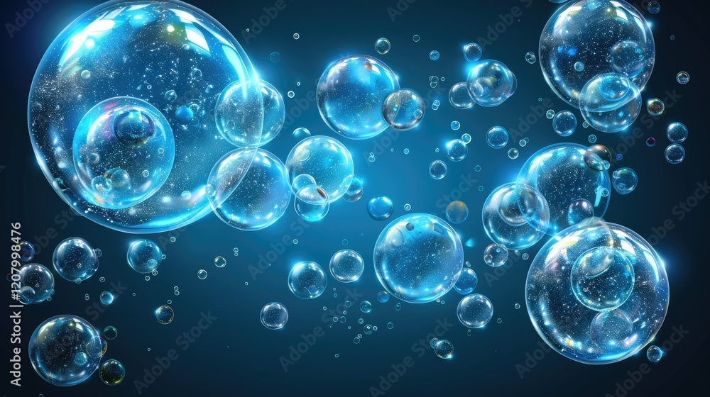 A collection of shimmering bubbles floating against a deep blue background. A collection of shimmering bubbles floating against a deep blue background.