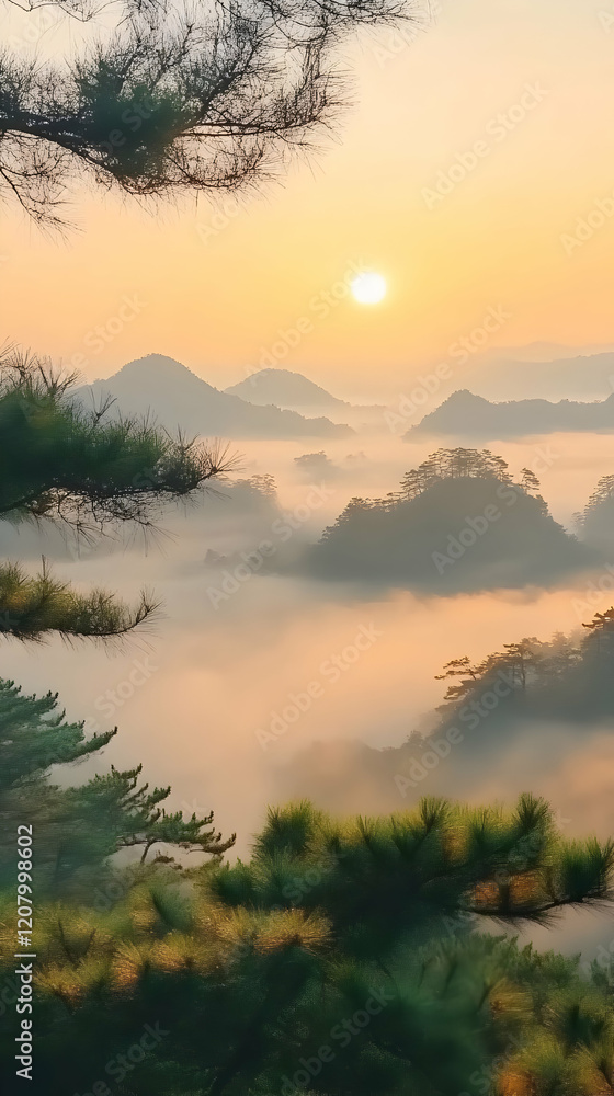 Fototapeta premium Sunrise over misty mountain landscape