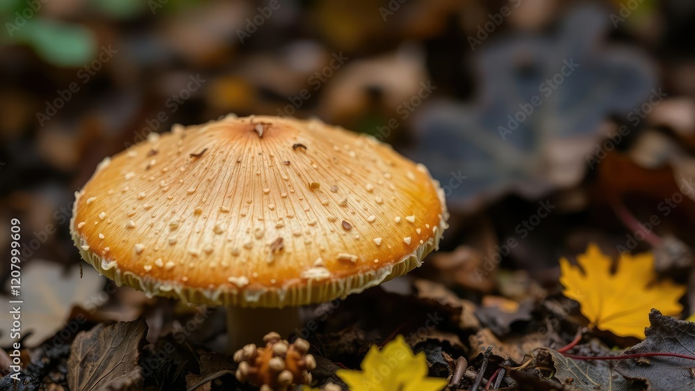 Close-up macro shot of a mysterious wild mushroom surrounded by decaying leaves in a dense forest, wild, wilderness, close-up Close-up macro shot of a mysterious wild mushroom surrounded by decaying leaves in a dense forest, wild, wilderness, close-up