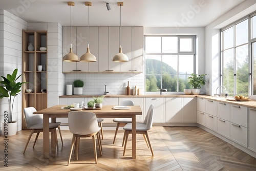 Elegant Farmhouse-Style Kitchen with Modern Features and Natural Light. generative AI