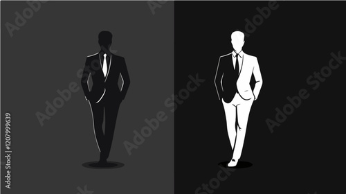 Black and white flat vector illustration of a business man. Strict style. Office worker. Entrepreneur. Director.