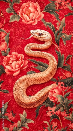Wallpaper Mural Snake on floral red background Torontodigital.ca