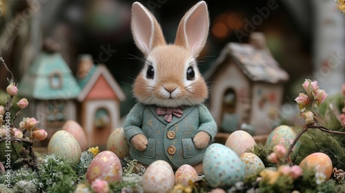 whimsical easter village scene watercolor style bunny wearing vintage waistcoat surrounded by pastel cottages and spring flowers