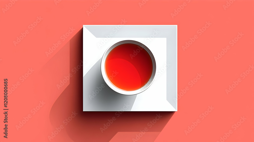 Red tea, square saucer, coral background, flatlay, menu Red tea, square saucer, coral background, flatlay, menu