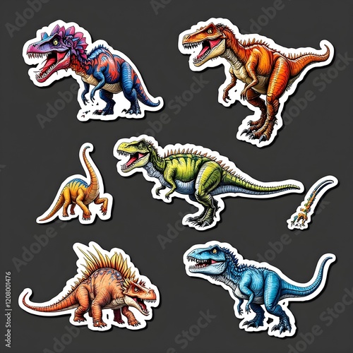 dinosaur stickers, each sticker in a unique color