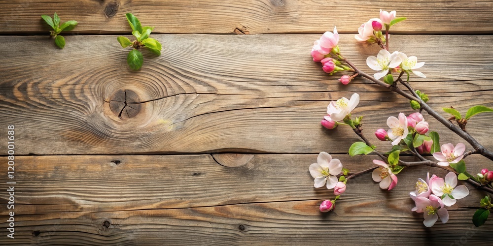 Rustic wooden planks background with delicate spring blossoms and fresh green leaves Rustic wooden planks background with delicate spring blossoms and fresh green leaves