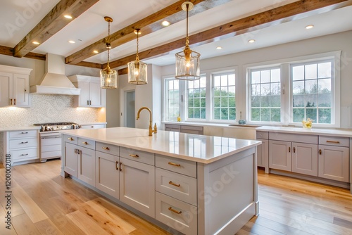 Elegant Farmhouse-Style Kitchen with Modern Features and Natural Light. generative AI