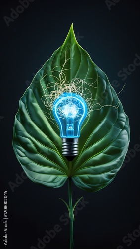 Generative AI. Blue light bulb with leaf background. Vertical